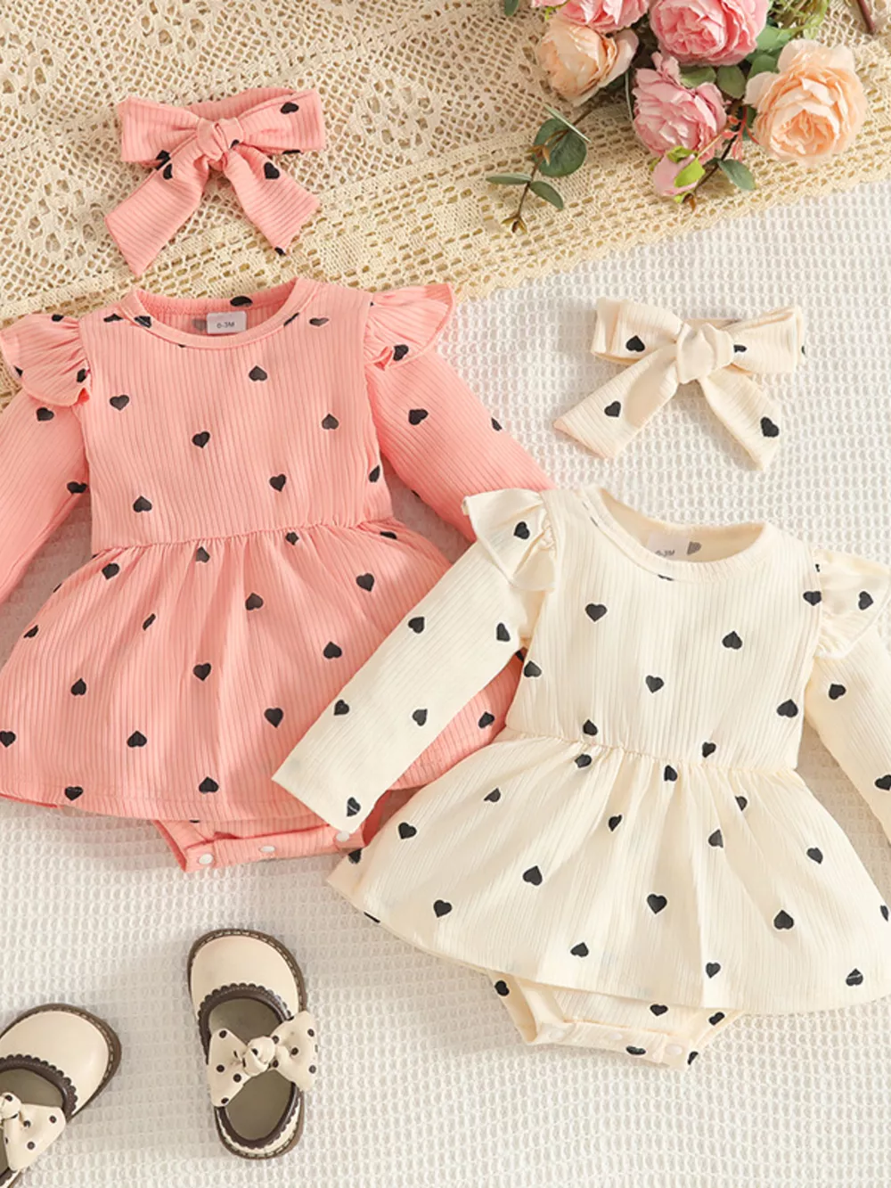 Children's Heart Print Ruffle Trim Bodysuit Dress with Headband, image 2