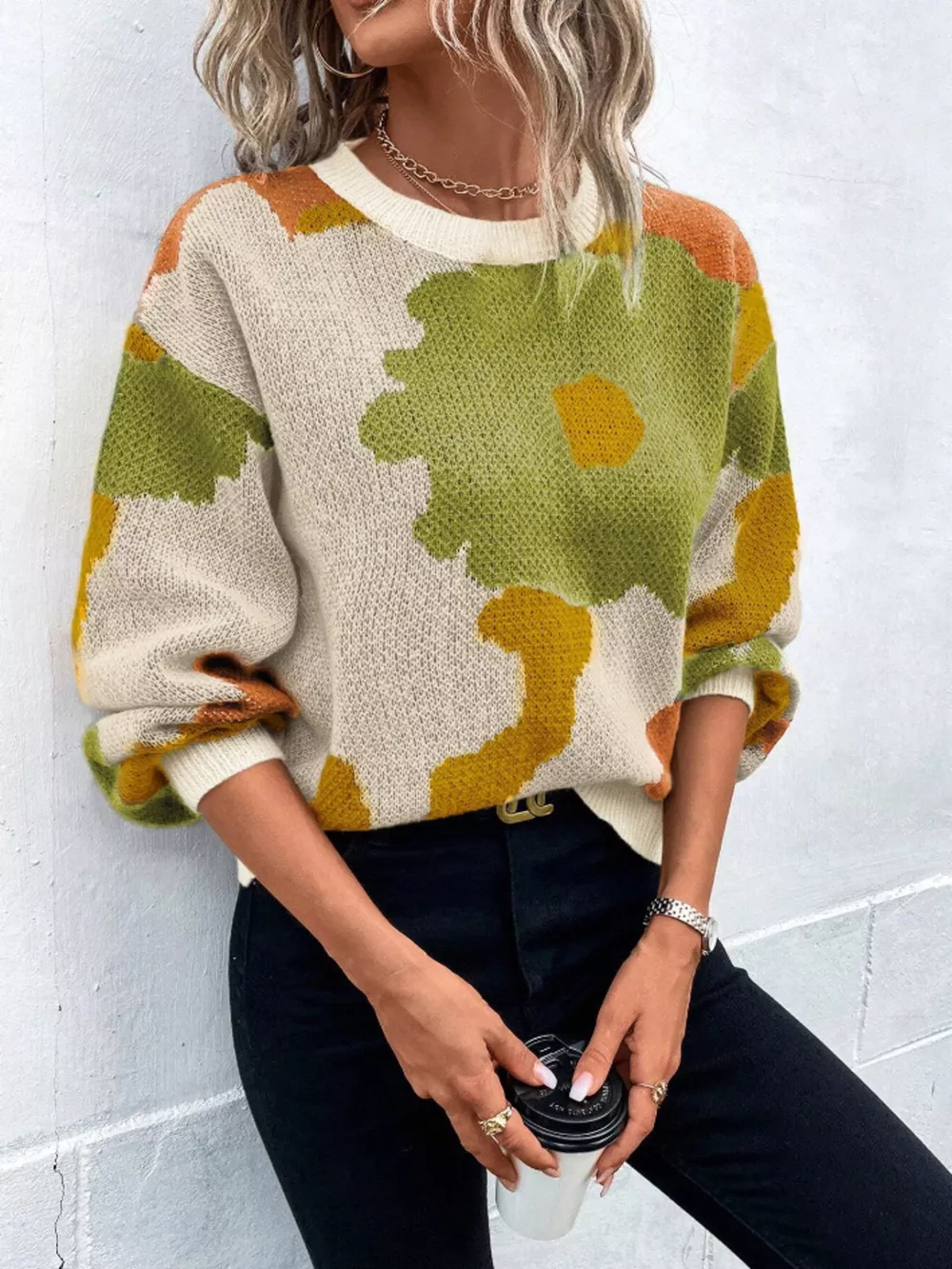 Floral Pattern Round Neck Sweater, image 13
