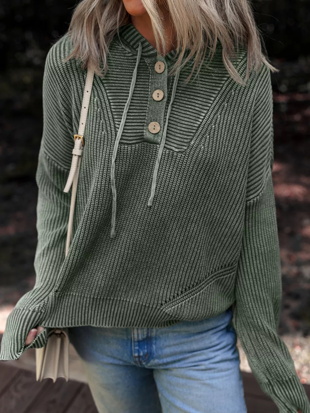 Mineral Wash Ribbed Knit Button Drawstring Neck Hooded Sweater, image 5