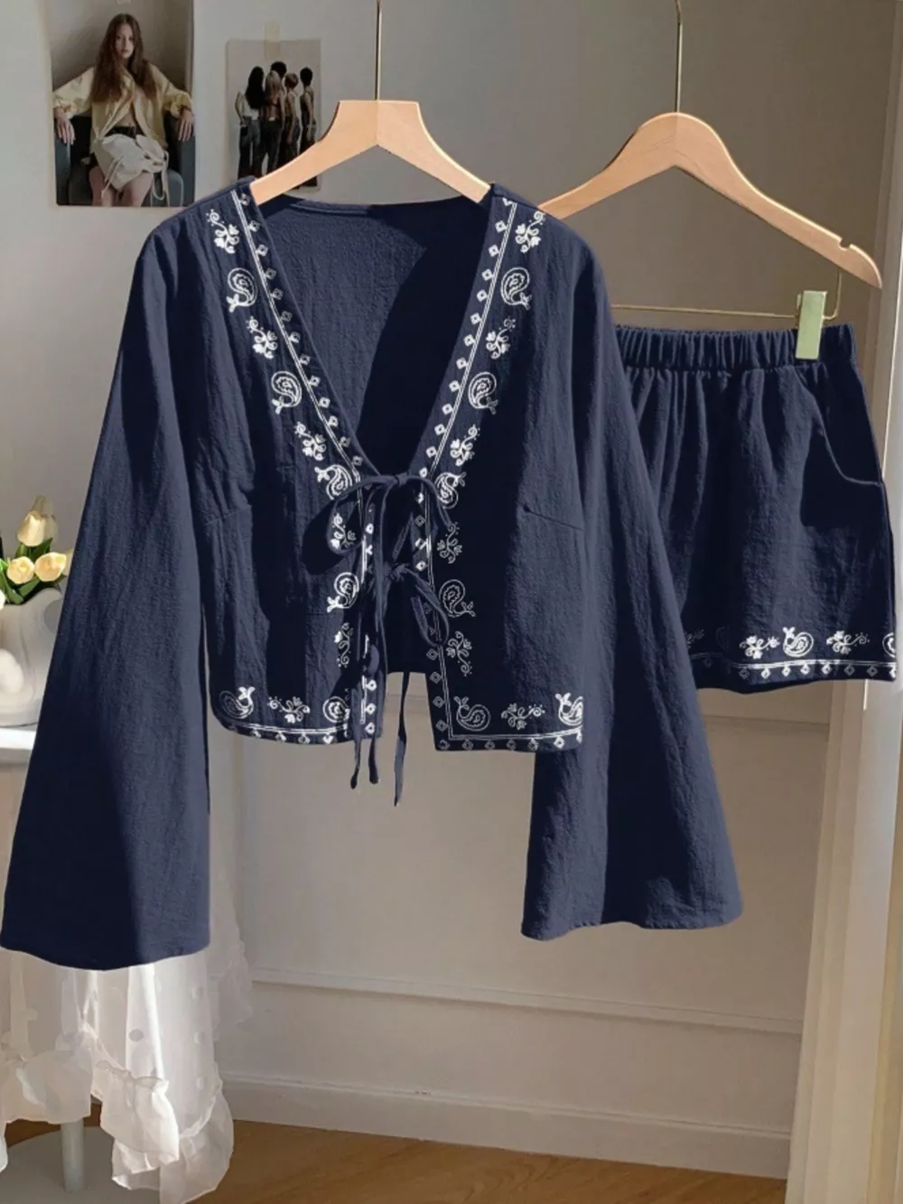 Embroidered Tie-Front Top & Shorts Set, image 17