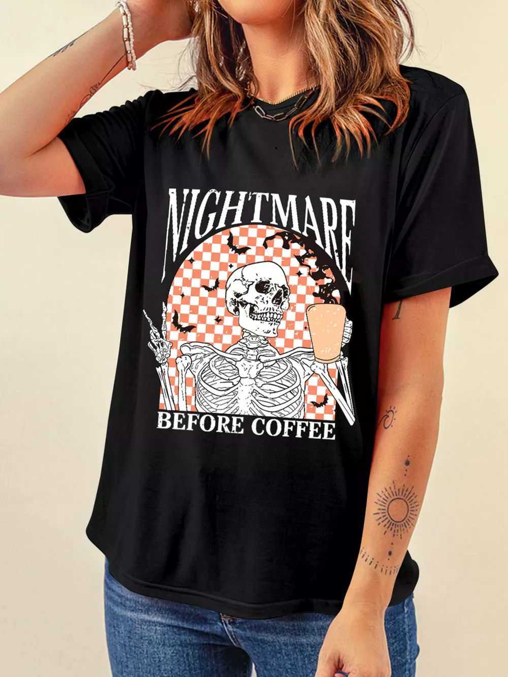 Halloween Skull Checkerboard Graphic Round Neck T-Shirt