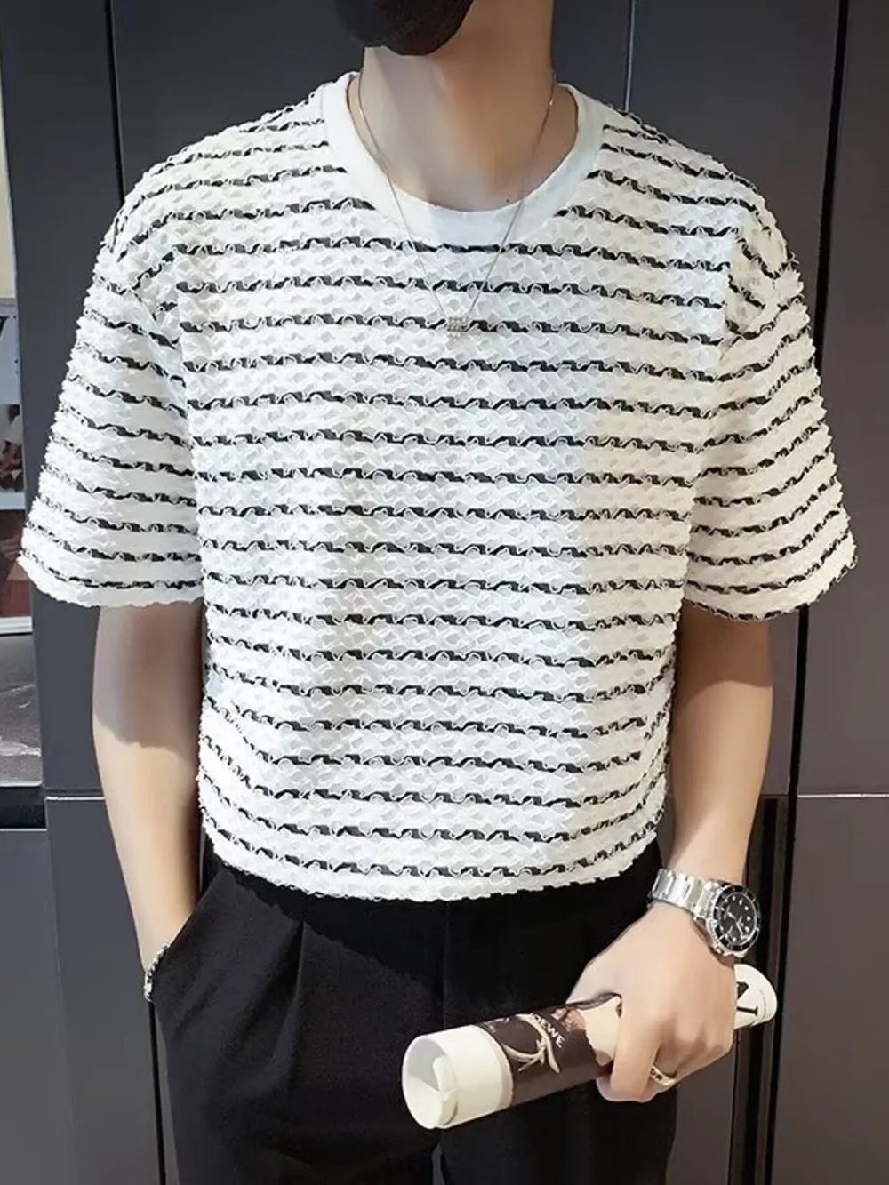Men's Plus Size Casual Striped Wave Pattern Short Sleeve T-Shirt, image 2