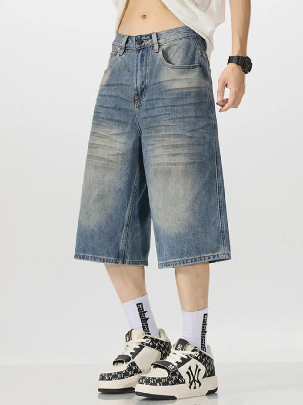 Men's Vintage Wash Wide-Leg Capris Jeans