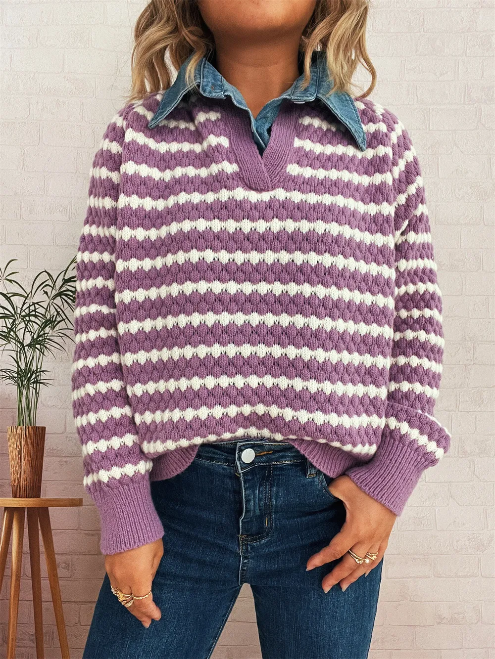 Contrast Striped Sweater with Denim Collar, image 26