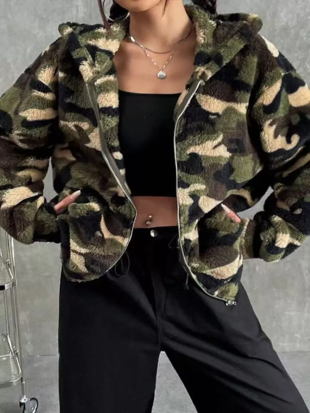 Camo Print Fuzzy Zip Up Outerwear, image 3