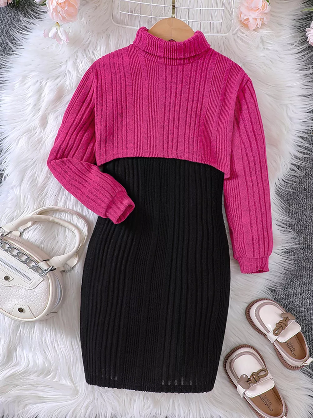 Children's Ribbed Knit Two-Tone Dress Set