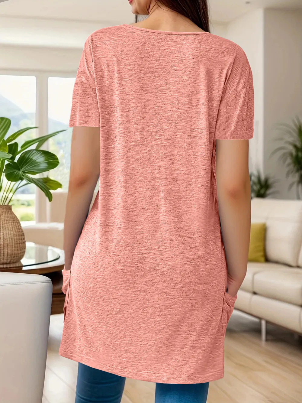 Full Size V-Neck Pocket Front Asymmetric Hem T-Shirt Plus Size, image 11