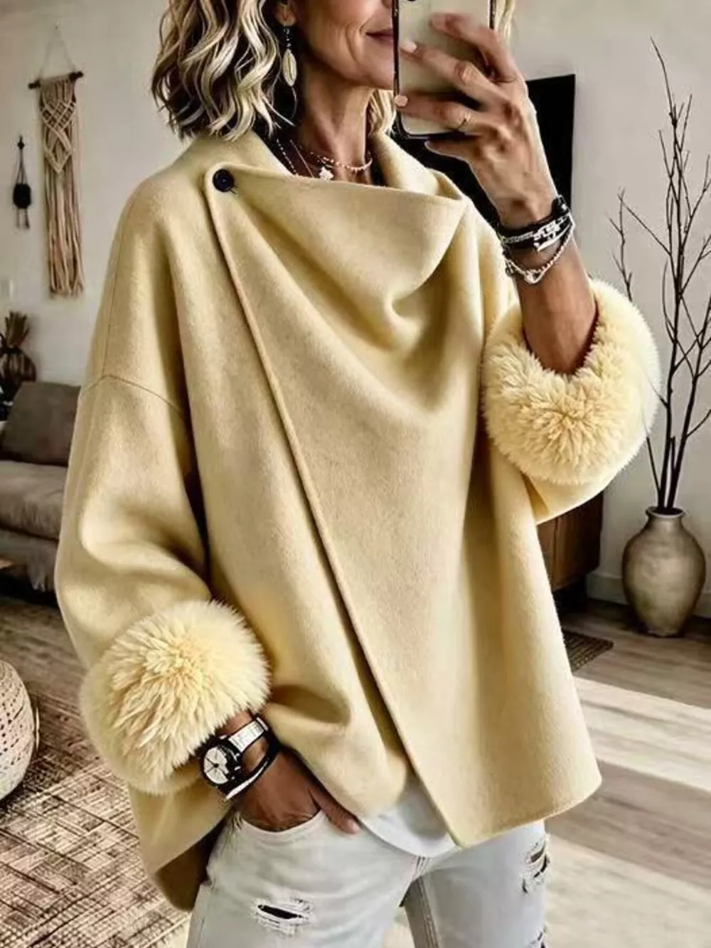 Full Size Elegant Asymmetric Faux Fur Cuff Outerwear Plus Size
