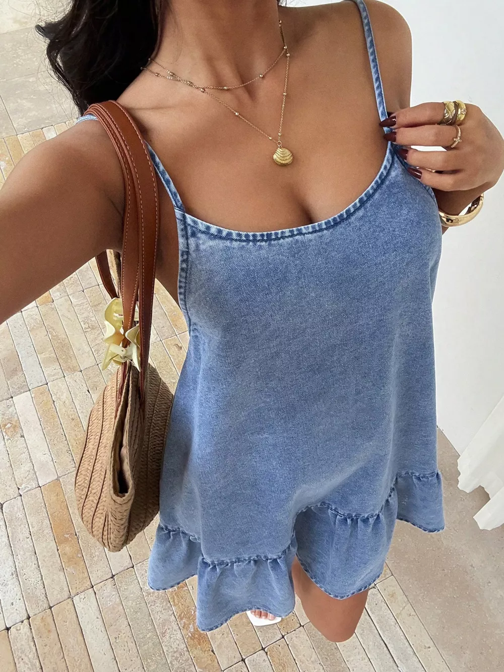 Casual Spaghetti Strap Ruffle Hem Denim Dress, image 4