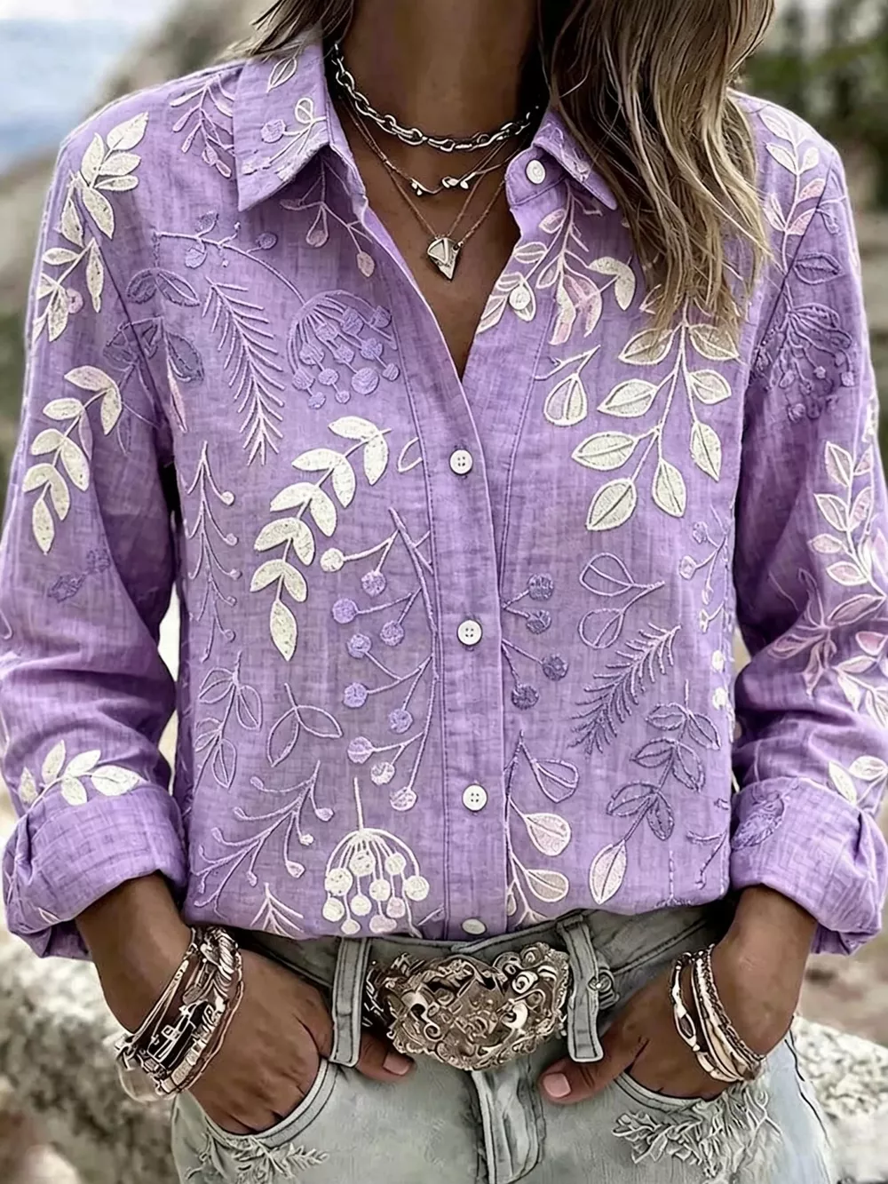 Full Size Leaf Embroidered Button-Down Shirt Plus Size, image 9