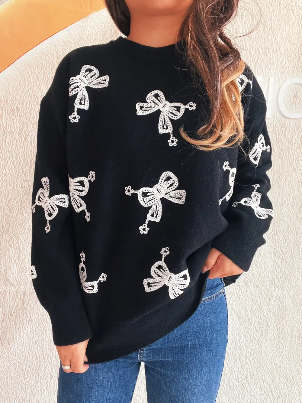 Bow Round Neck Long Sleeve Sweater