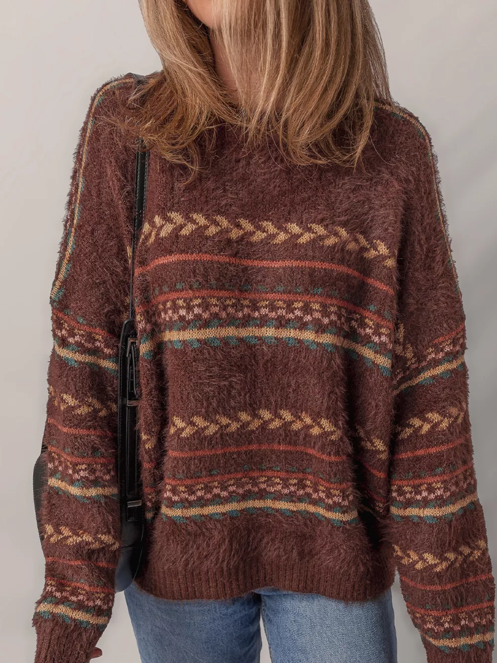 Ethnic Pattern Mohair Knitted Drop Shoulder Sweater