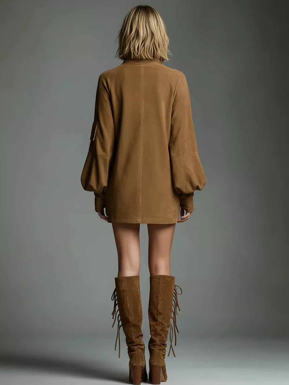 Full Size Suede Turtleneck Lantern Sleeve Mini Dress Plus Size, image 3