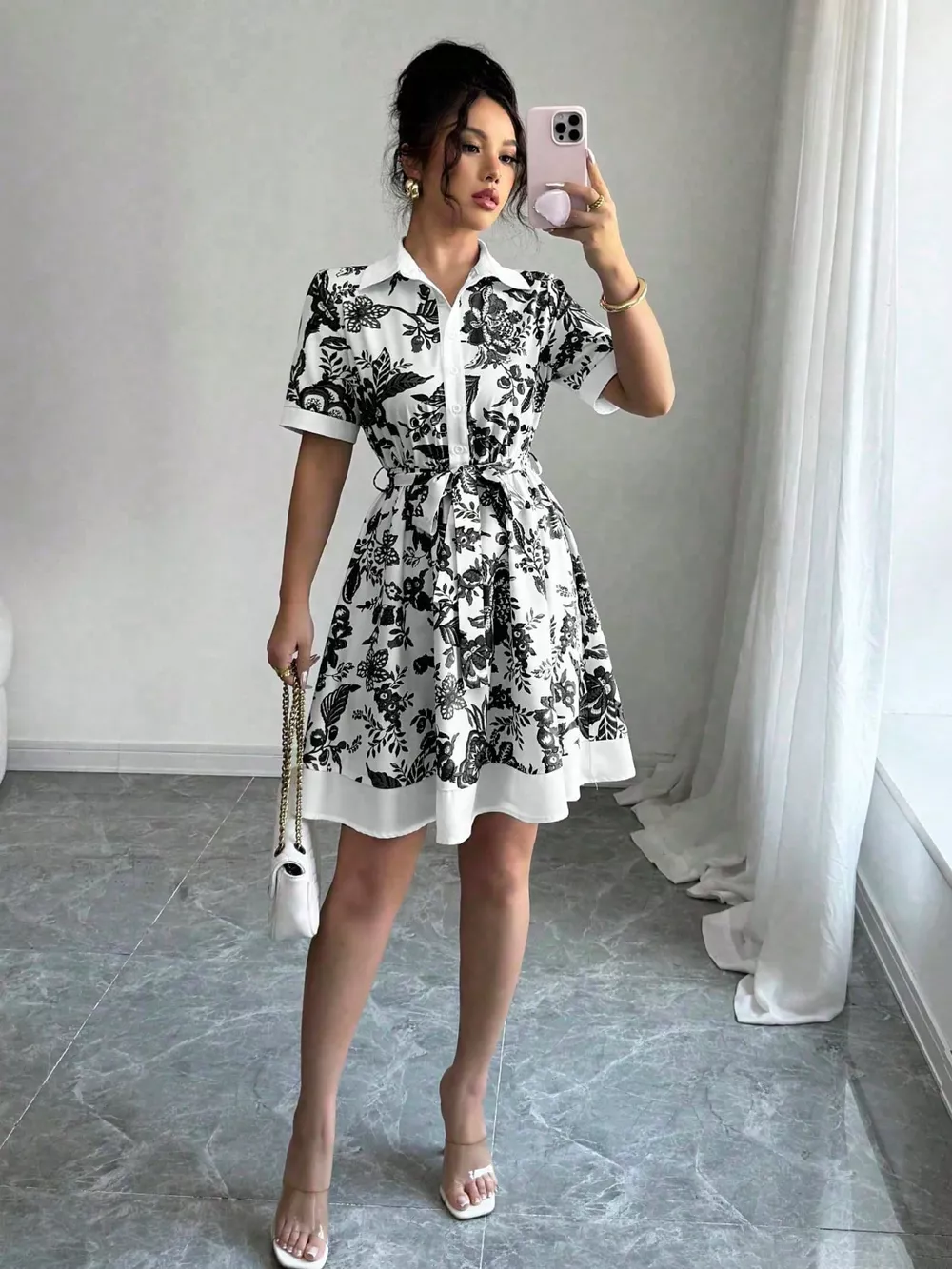 Printed Button Front Mini Dress, image 13