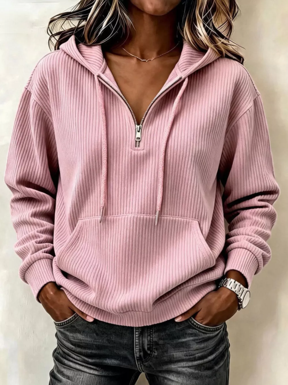 Ribbed Knit Quarter-Zip Hoodie