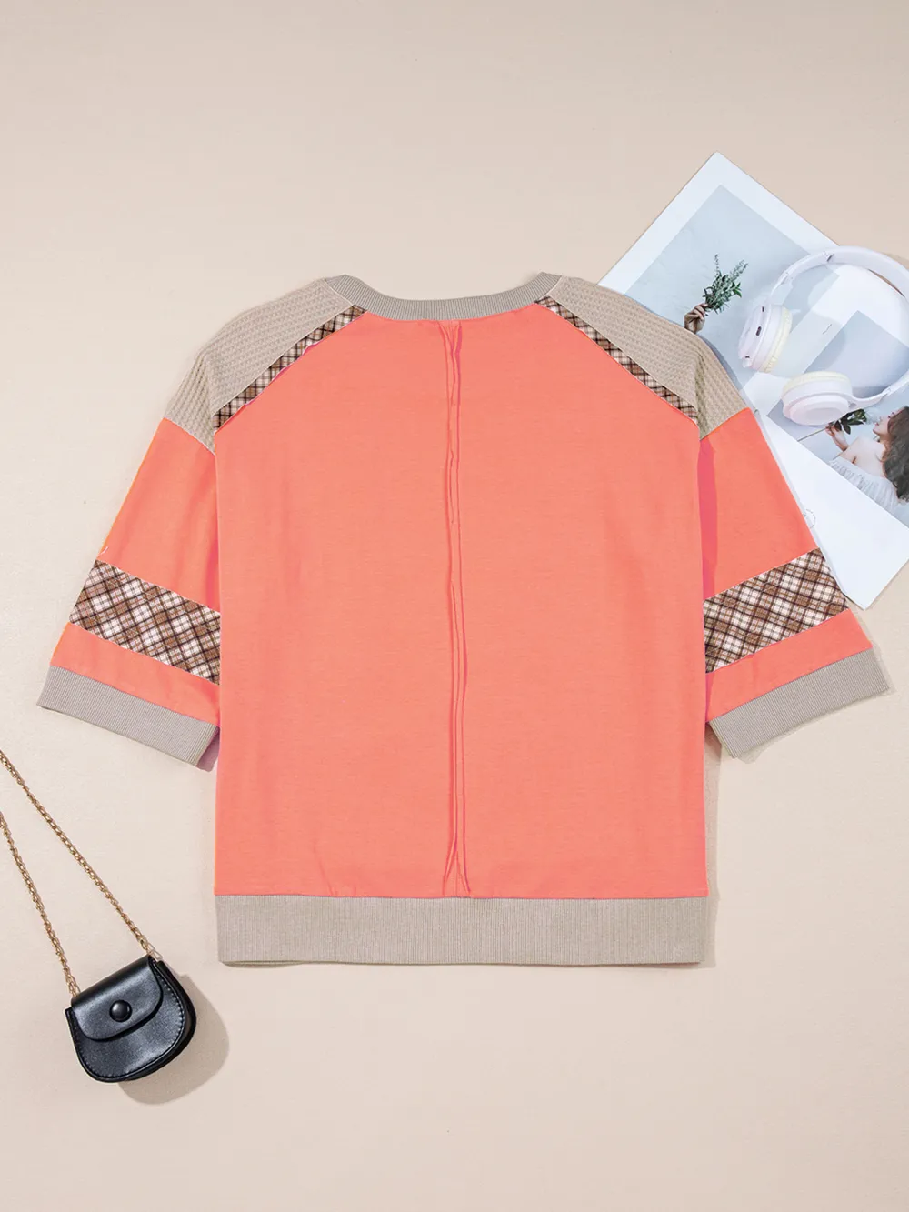 Plaid Waffle Flower Patchwork Contrast Top, image 8