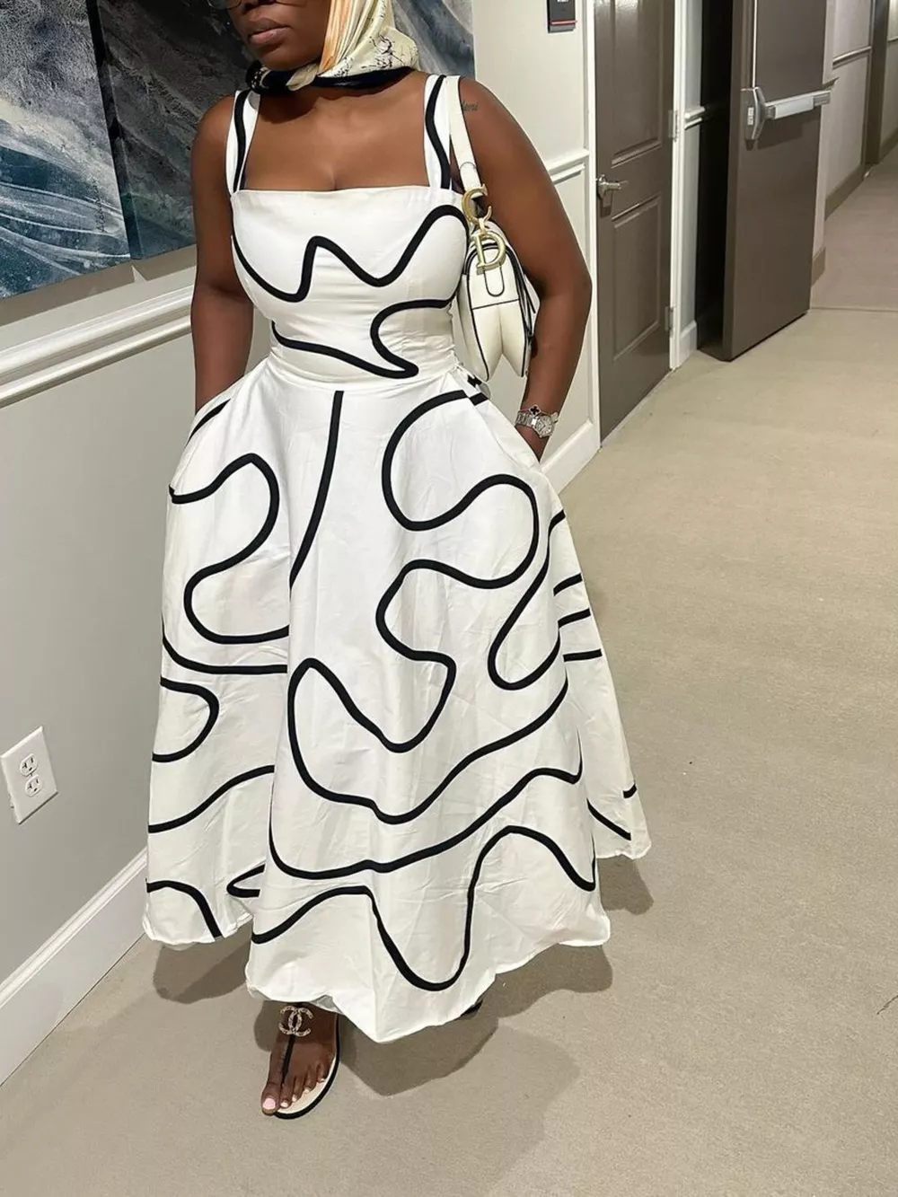 Abstract Print Square Neck Midi Dress, image 2