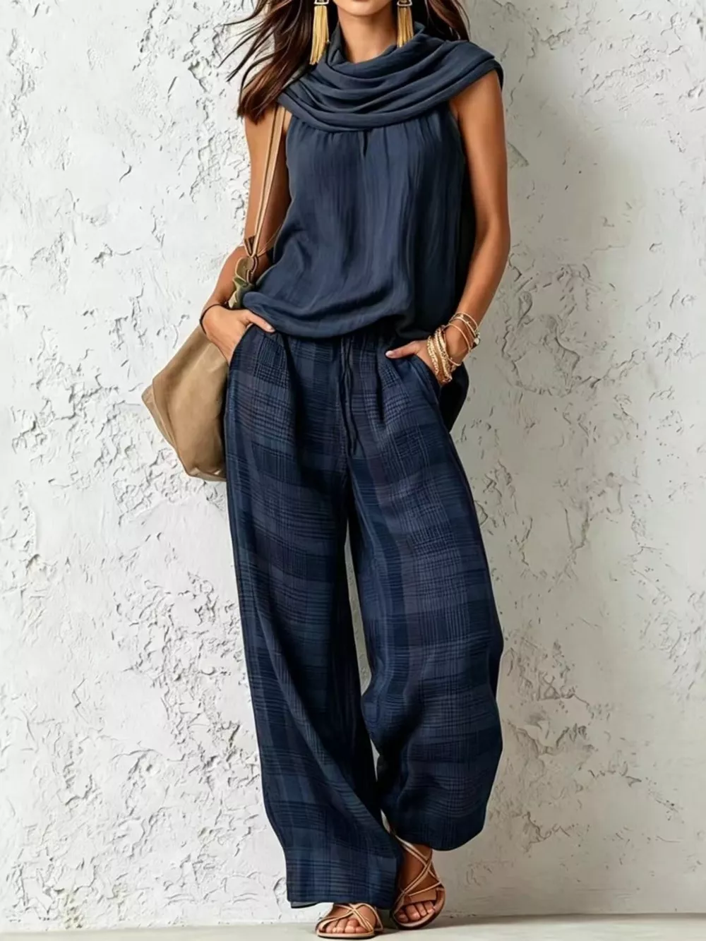 Full Size Sleeveless Cowl Neck Top and Plaid Wide-Leg Pant Two-Piece Set Plus Size, image 10