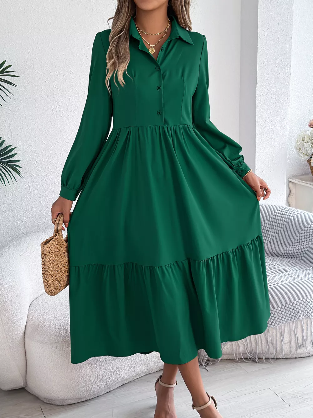 Long Sleeve Tiered Button Front Midi Dress, image 31