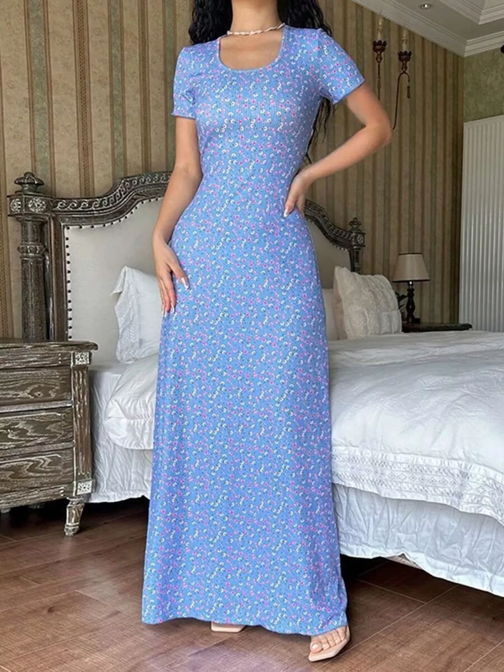 Floral Print Short Sleeve Maxi Dress, image 3