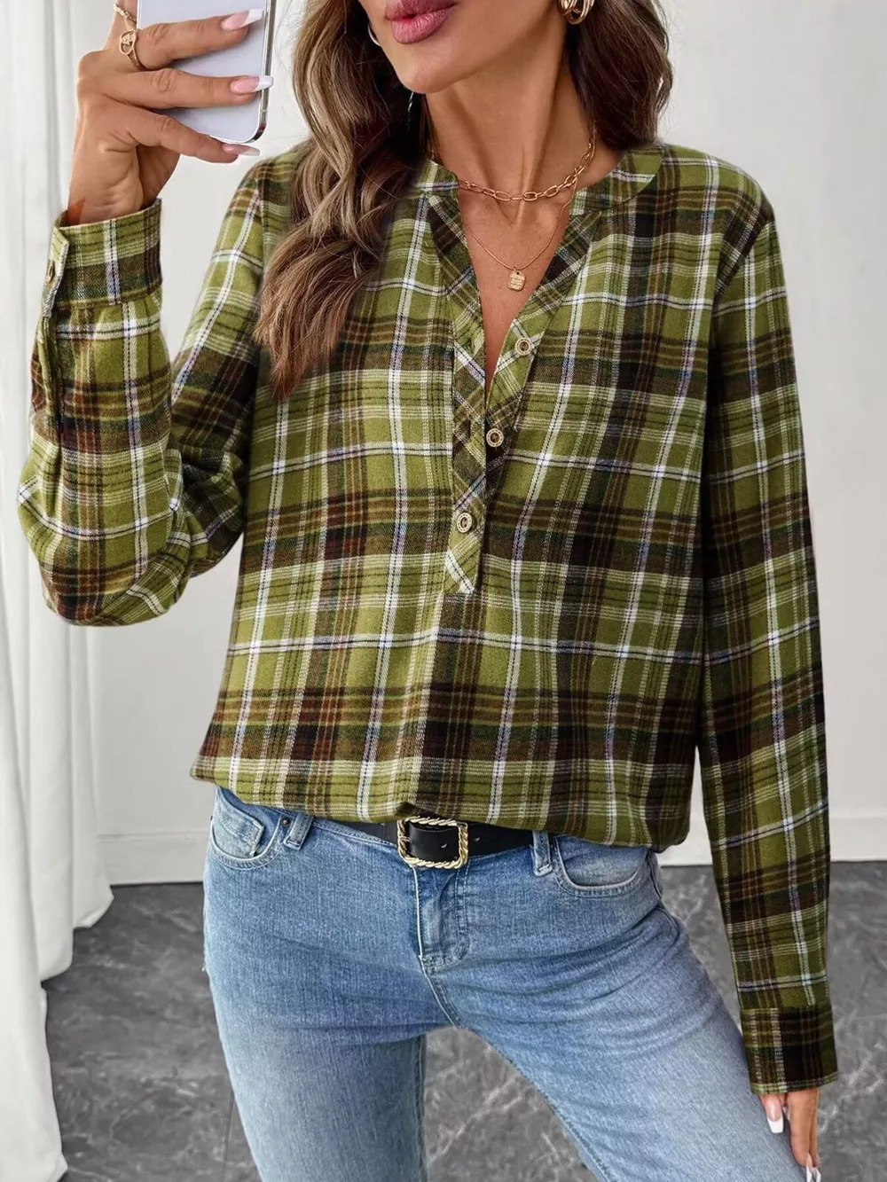Plaid Half Button Long Sleeve Blouse, image 2