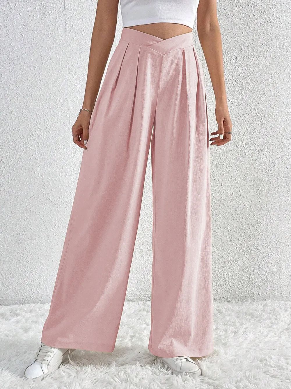 V-Waisted Ruched Front Wide Leg Pants, image 4