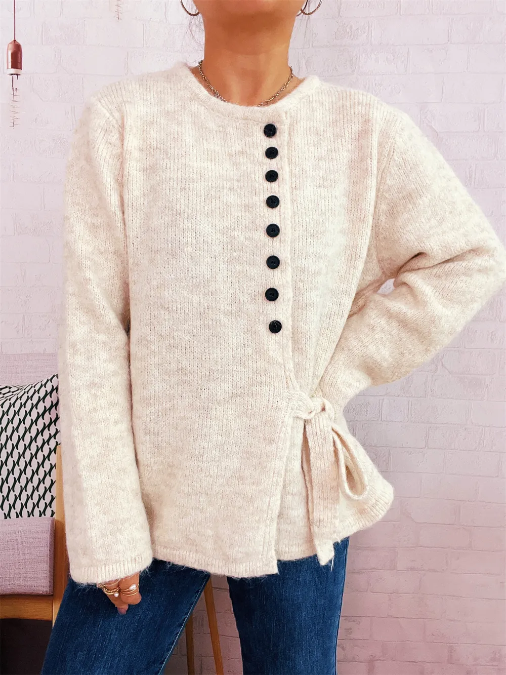 Button-Front Side-Tie Sweater, image 3