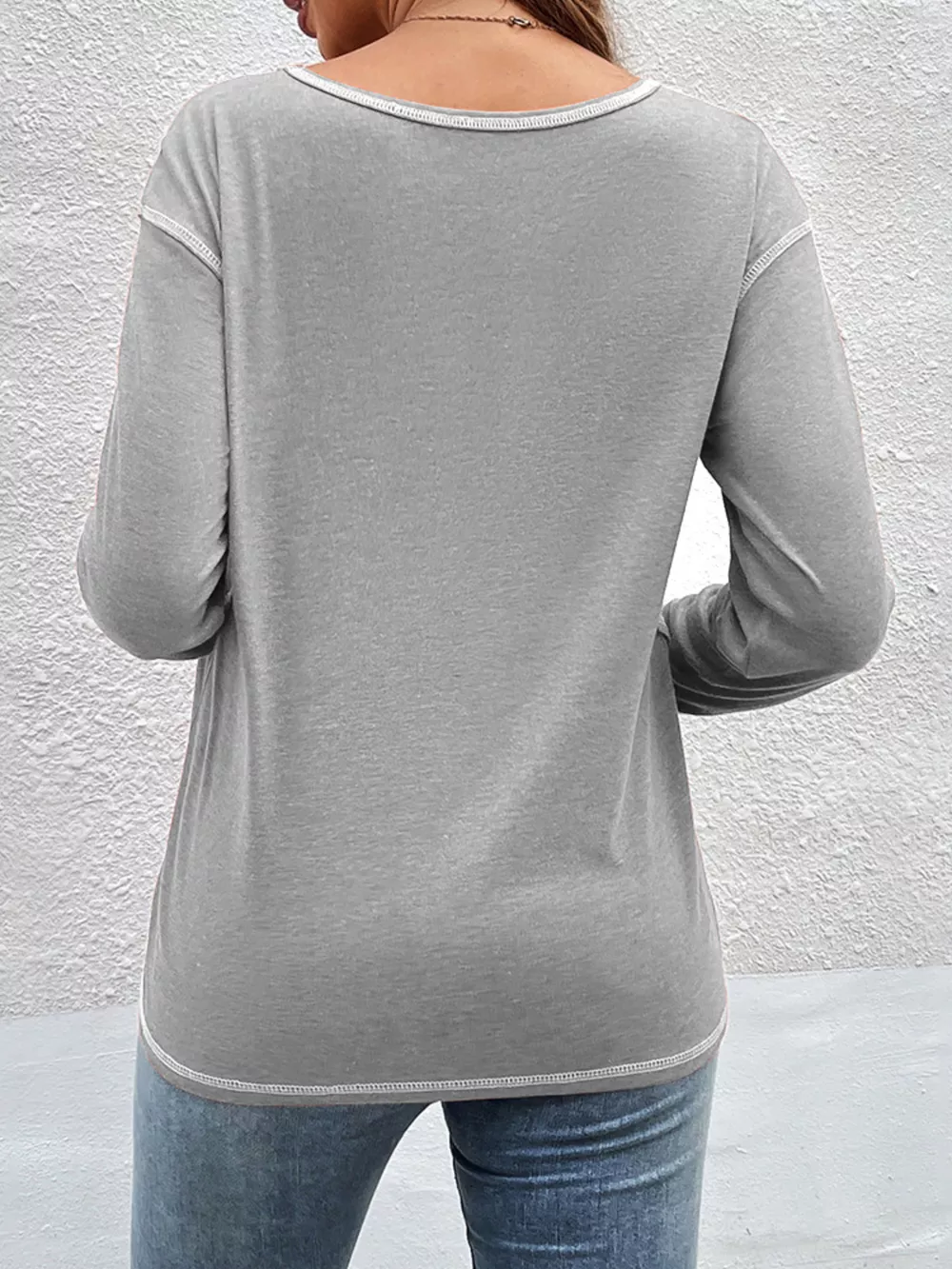 Casual Long Sleeve Exposed Seam T-Shirt with Decor Button, image 17