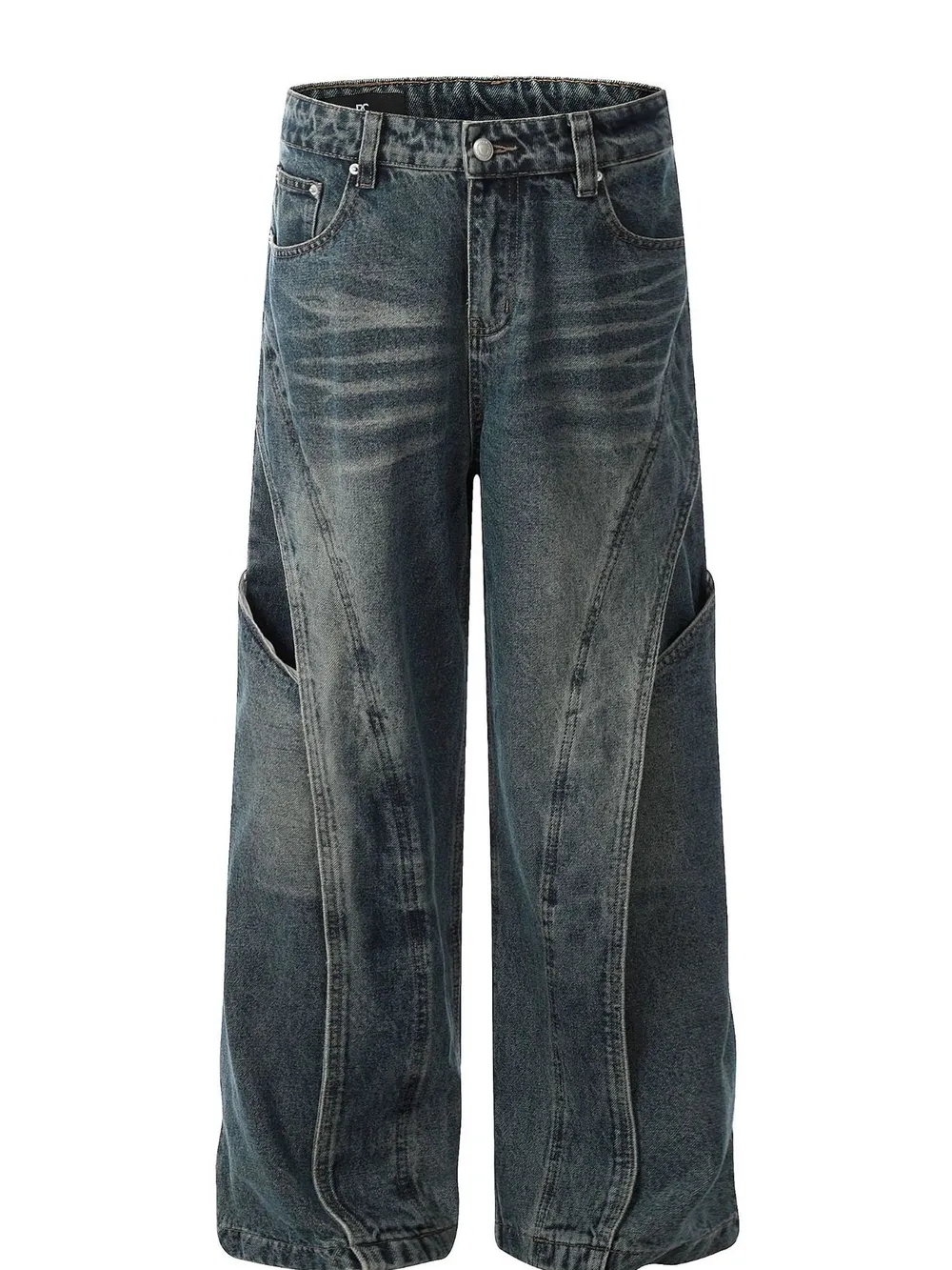 Men's Washed Straight Jeans with Unique Panel Design