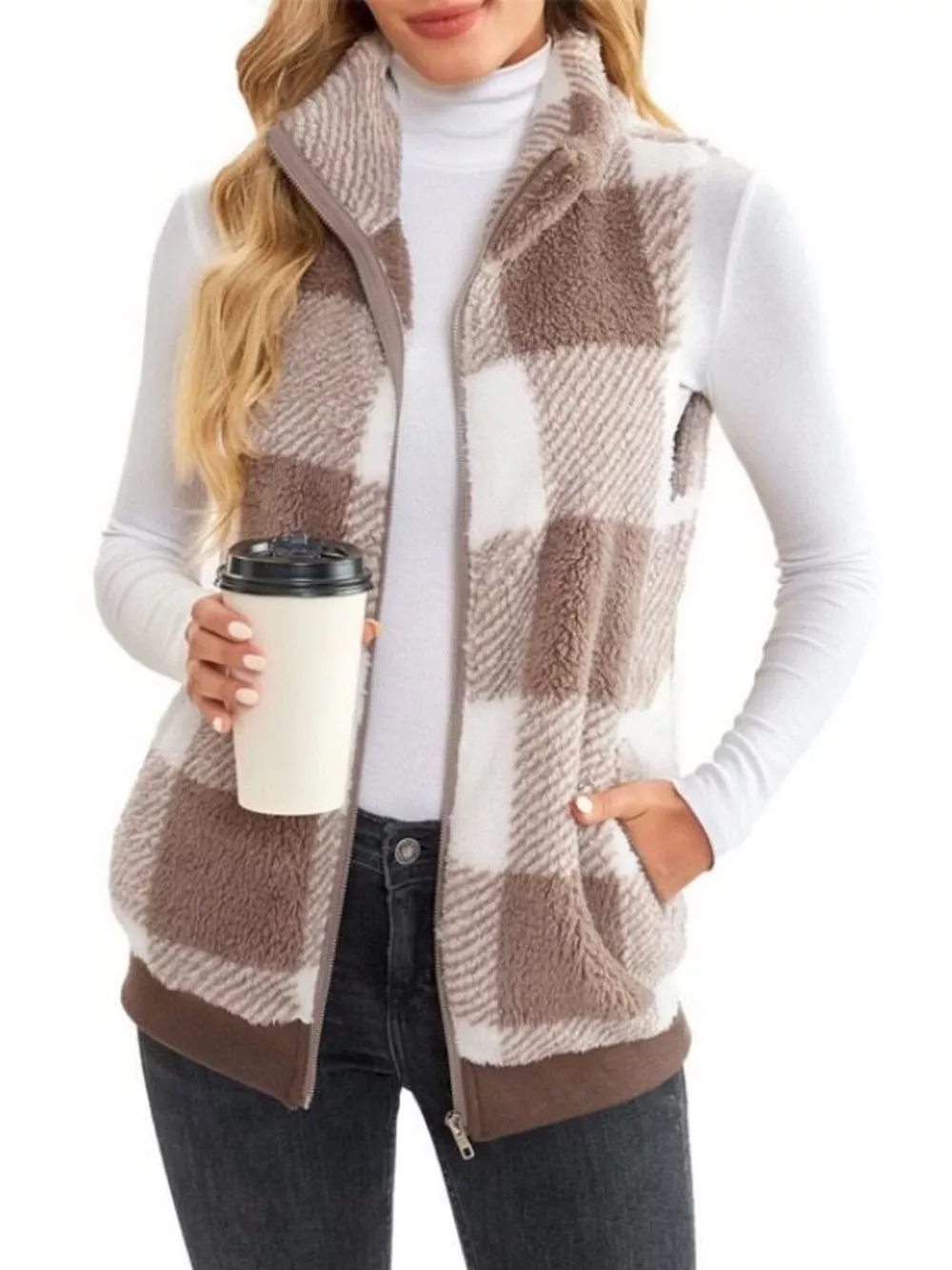 Full Size Color Block Zip Up Vest Coat Plus Size, image 19