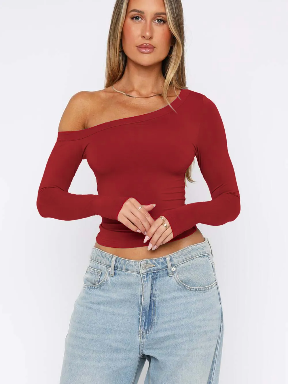 One Shoulder Long Sleeve Crop T-Shirt, image 10