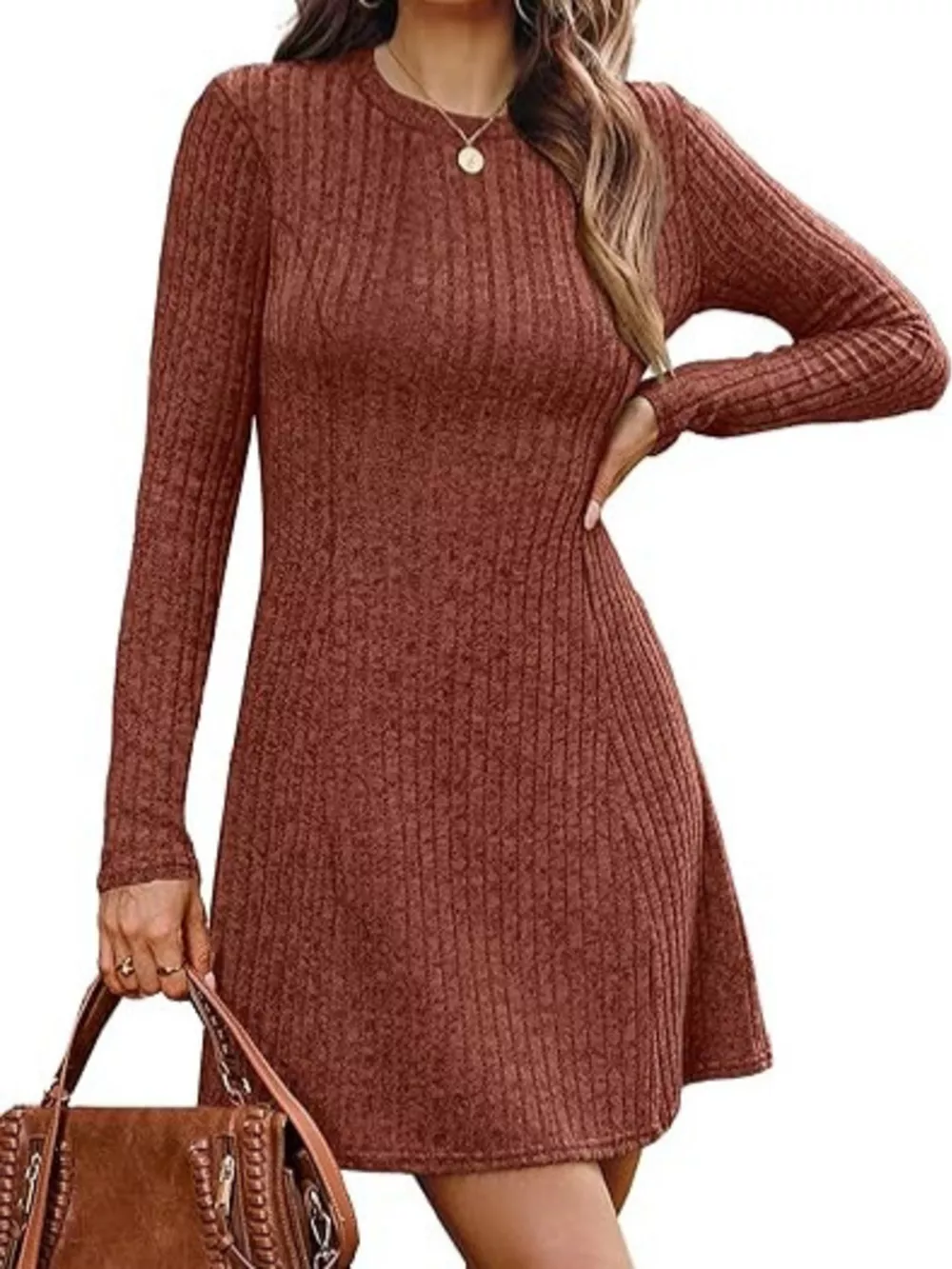Ribbed Knit Long Sleeve A-Line Dress, image 4