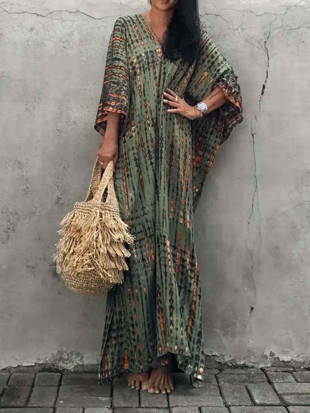 Tie-Dye V-Neck Maxi Dress with Flowy Sleeves, image 8