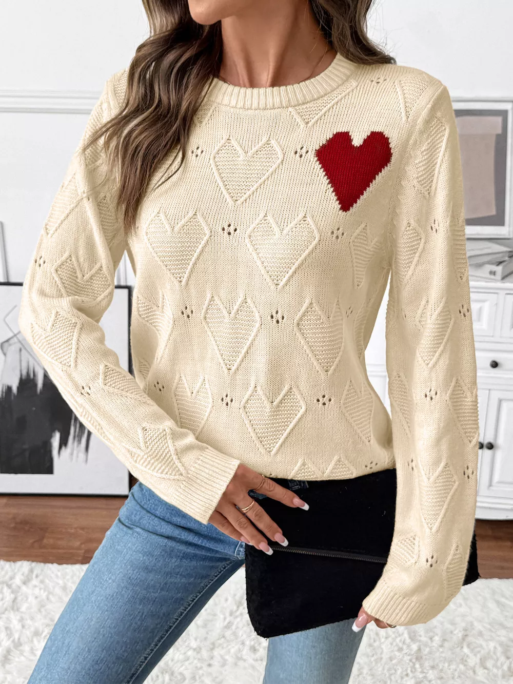 Openwork Heart Round Neck Sweater, image 9