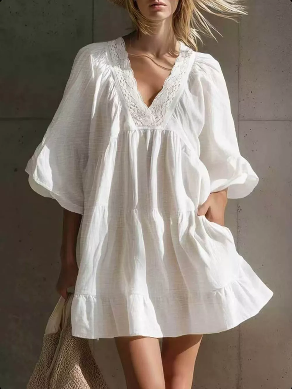 Full Size Lace Trim Puff Sleeve Mini Dress Plus Size, image 2