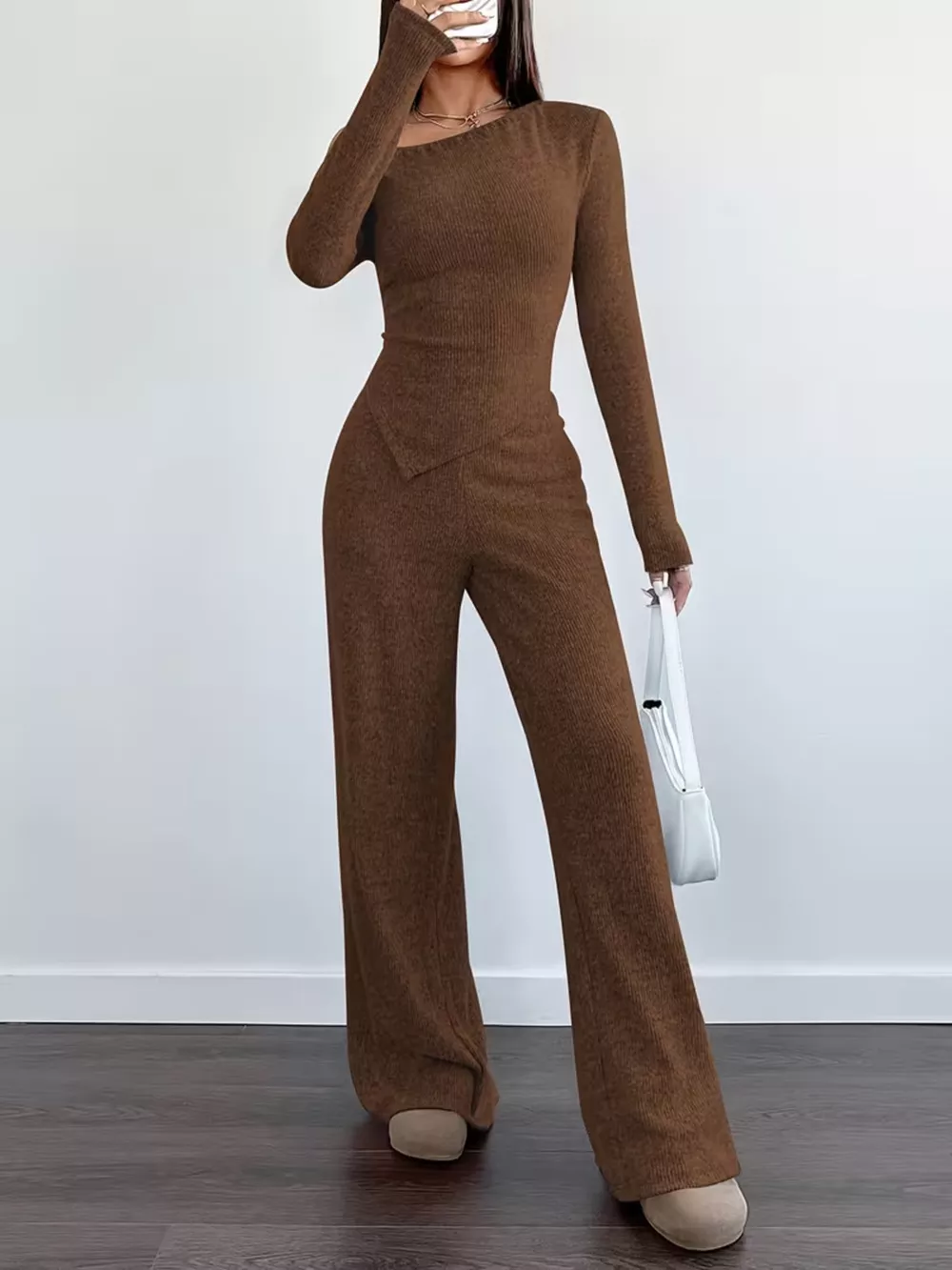 Chic One-Shoulder Asymmetrical Top and Wide-Leg Pants Set, image 14