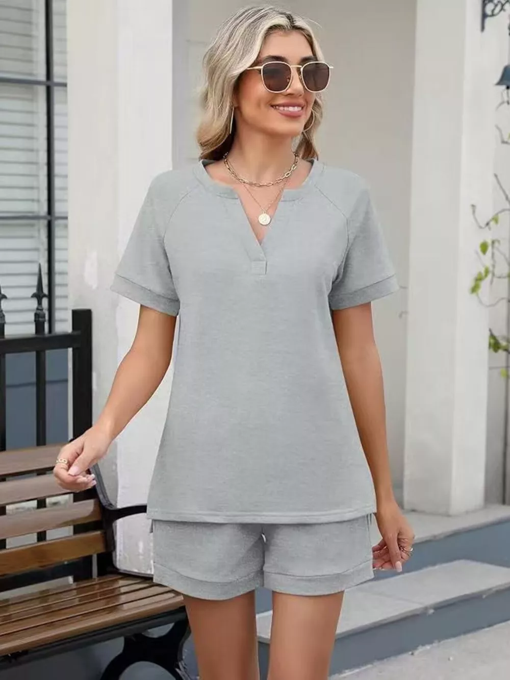 Solid Color Short Sleeve Top and Shorts Two-Piece Set, image 27