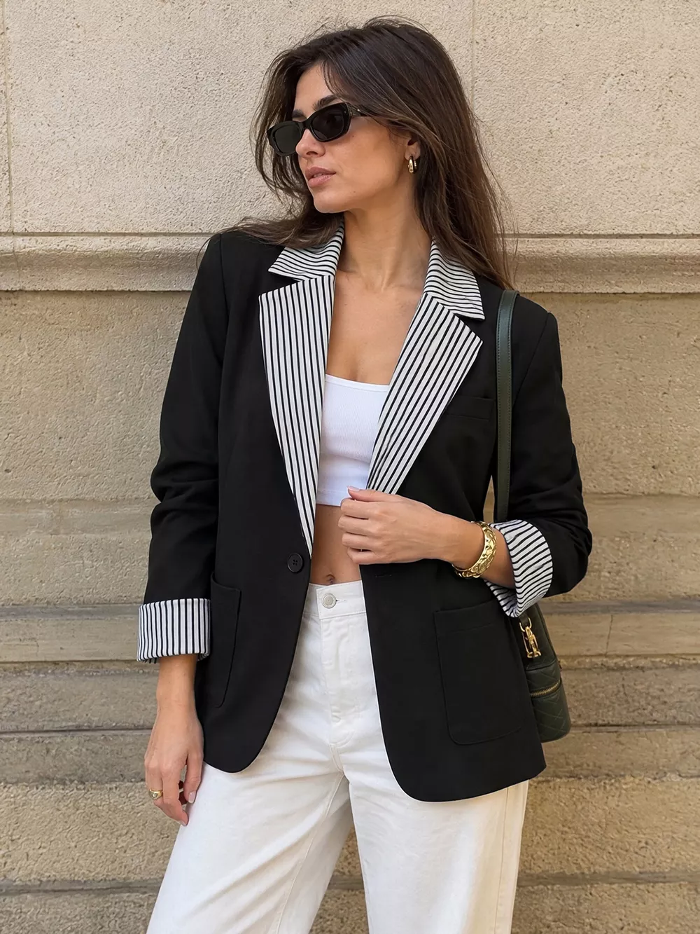 Contrast Striped Lapel Collar Blazer