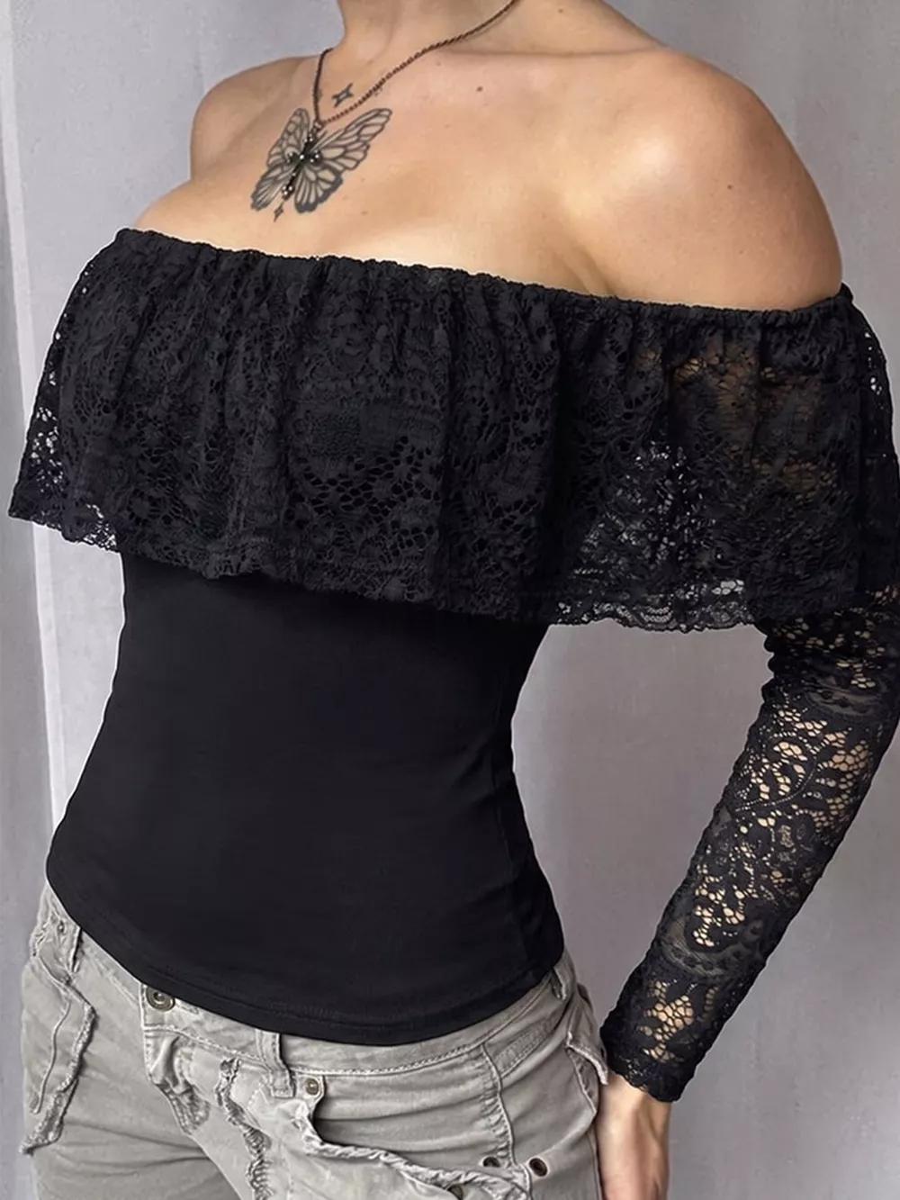 Off-Shoulder Lace Trim Long Sleeve T-Shirt, image 2
