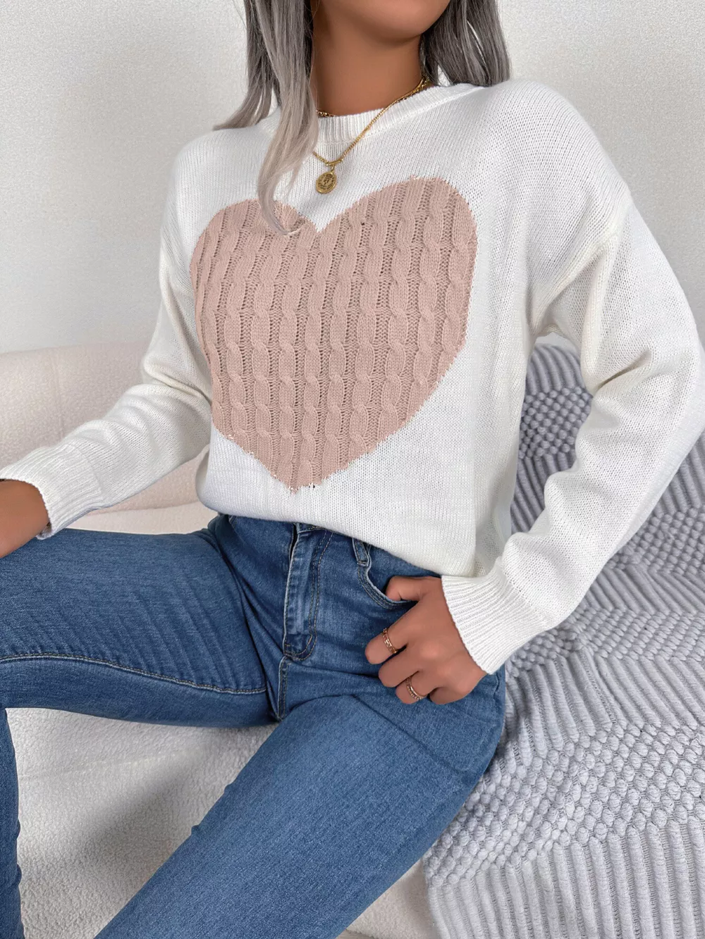 Cable Knit Heart Round Neck Sweater, image 8