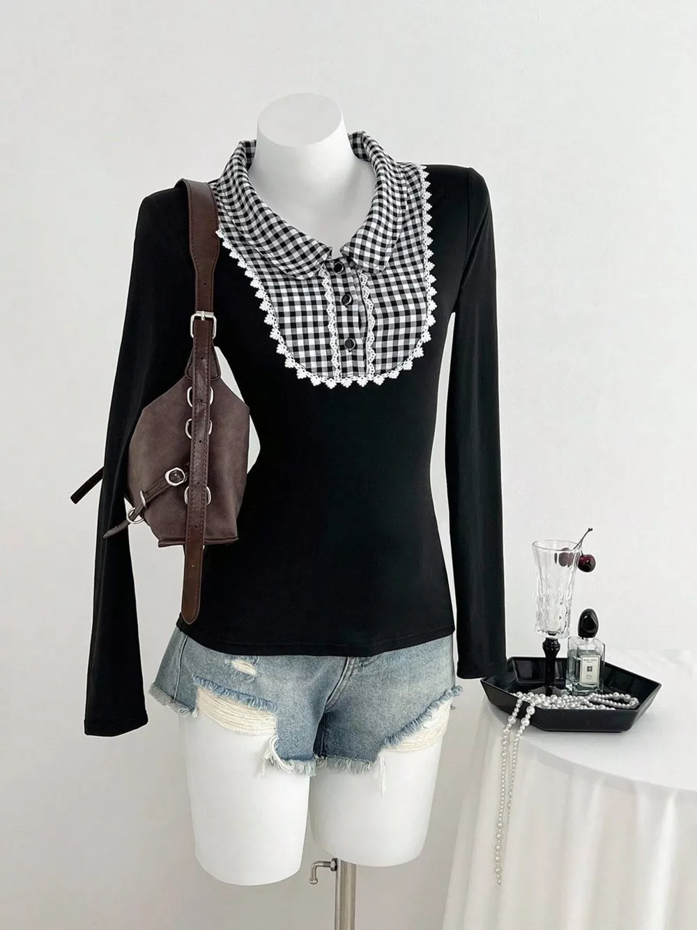 Gingham Collar Long Sleeve T-Shirt