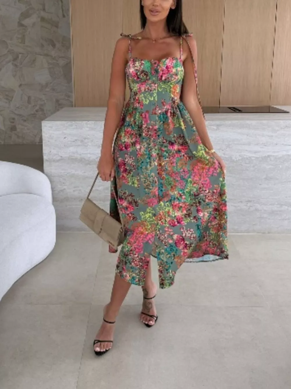 Printed Tie-Strap Midi Dress, image 9
