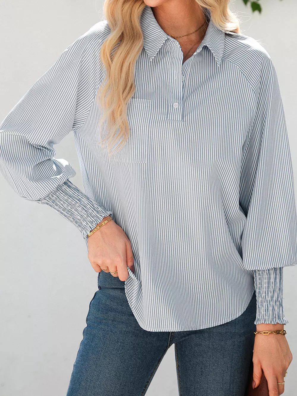 Pinstripe Long Sleeve Smocked Cuffs Button Shirt Collar Blouse, image 13