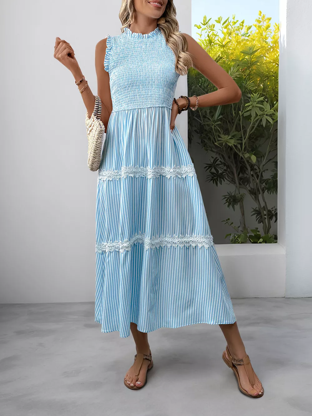 Striped Smocked Sleeveless Tiered Midi Dress