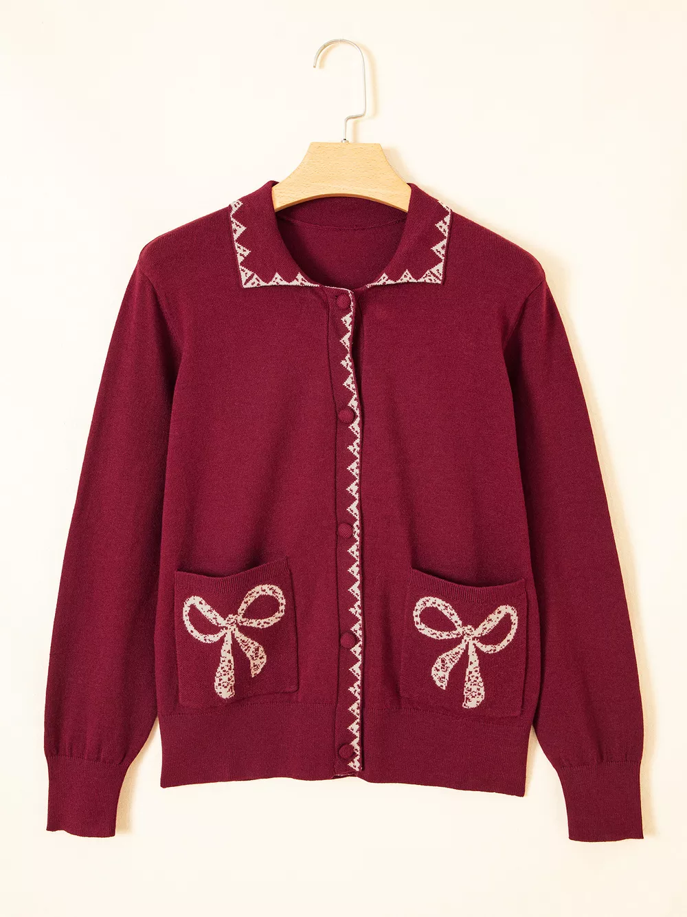 Bow Pocket Collar Long Sleeve Knit Cardigan, image 4