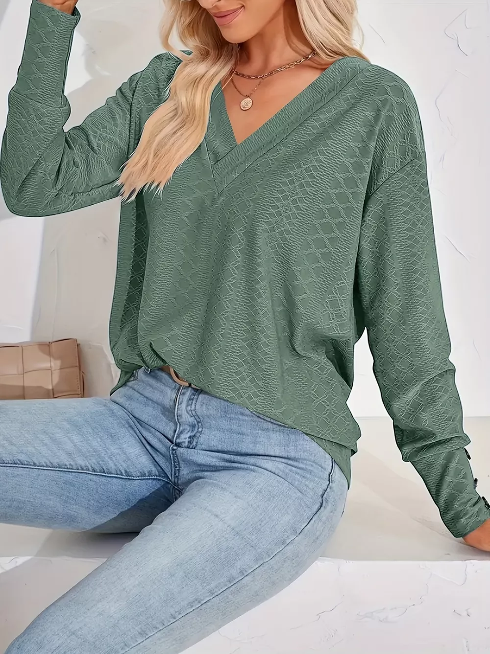 Plus Size V-Neck Textured Long Sleeve T-Shirt