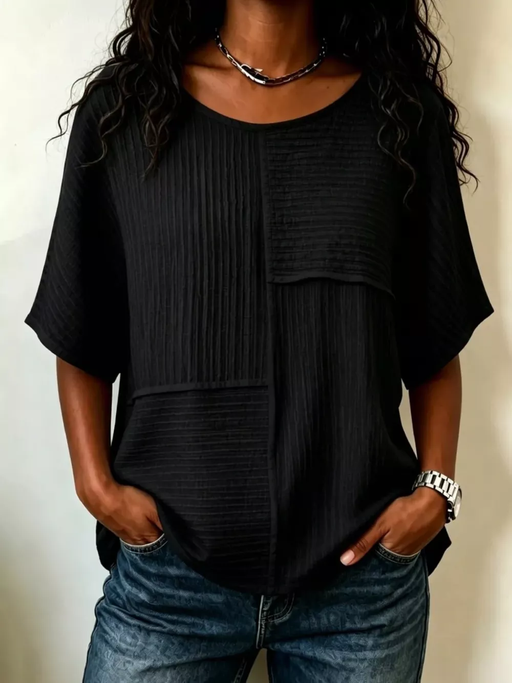 Full Size Texture Round Neck Half Sleeve Blouse Plus Size, image 11