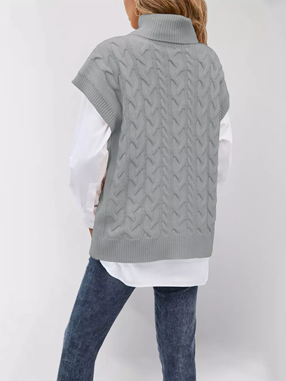 Chunky Knit Turtleneck Cap Sleeve Sweater, image 8