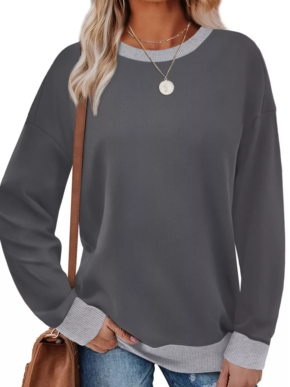 Contrast Trim Crew Neck Casual Sweatshirt, image 27