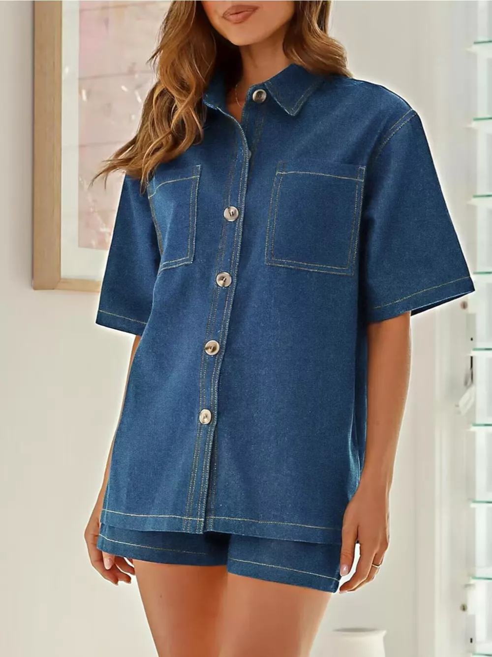 Button Up Denim Shirt and Shorts Set, image 2